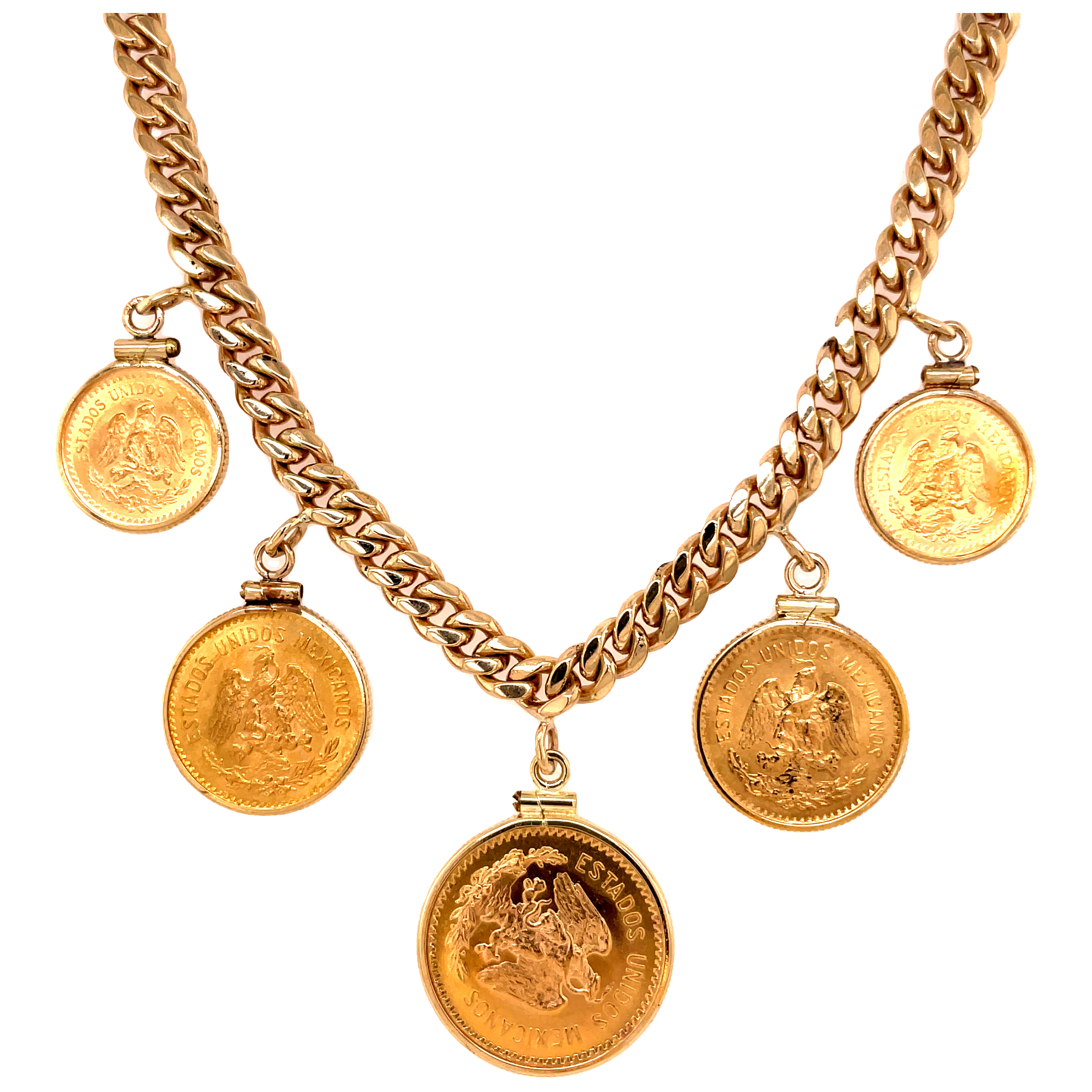 This Gold Coin Pendant Necklace is crafted of solid 22k yellow gold. The coin selection includes two 2.5 pesos coins from 1945, measuring 16.30 mm; two 5 pesos coins from 1906, measuring 19.71 mm; and one 10 pesos coin from 1959, measuring 24.00 mm. The coins are set in a 14k curb link chain, 18" in length. This necklace is in great condition and features a secure box clasp.