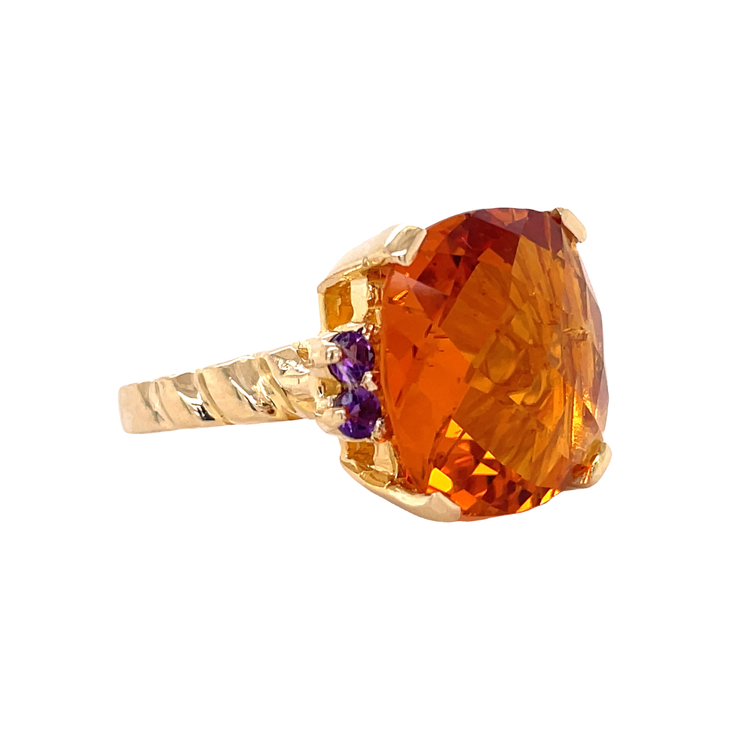 Beautiful estate jewelry ring.  14k yellow gold antique ring  Faceted citrine 14.50 mm   Round amethyst   Great condition.