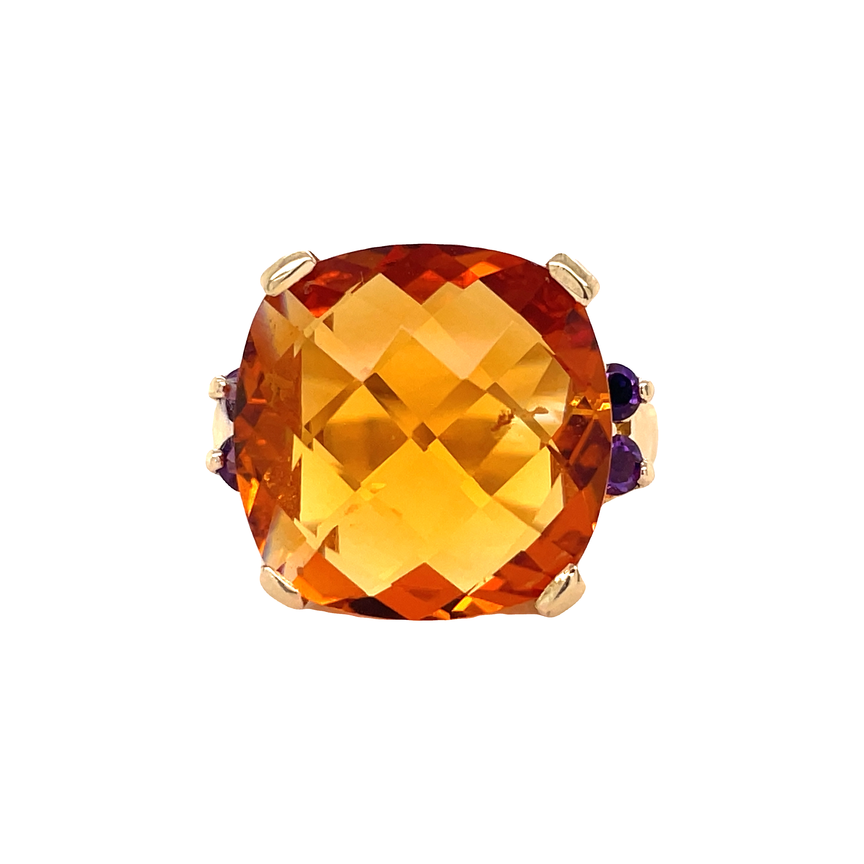 Beautiful estate jewelry ring.  14k yellow gold antique ring  Faceted citrine  15.00 mm   Round amethyst  Great condition.