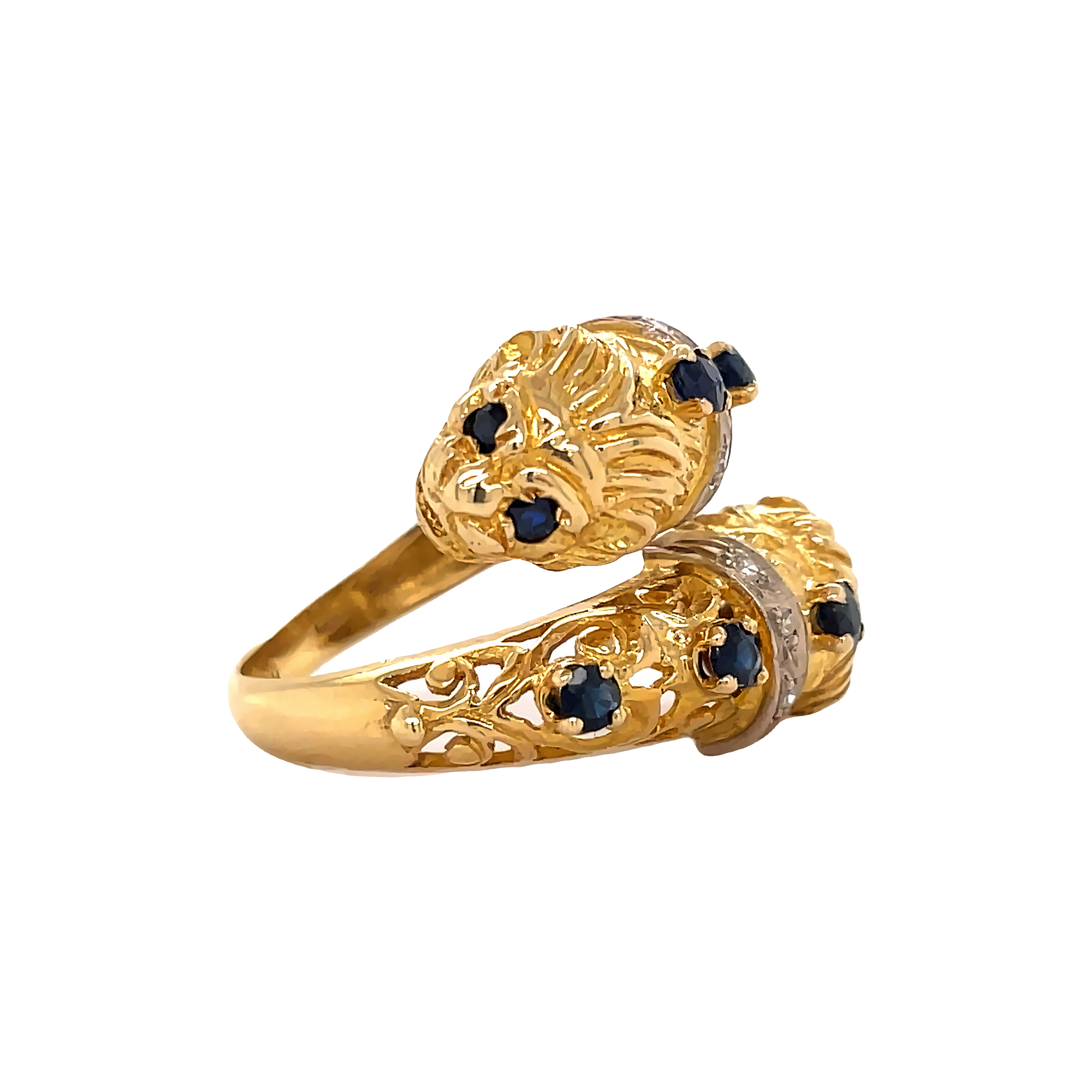 Side view of Estate Sapphire and Diamond Crossover Lion ring