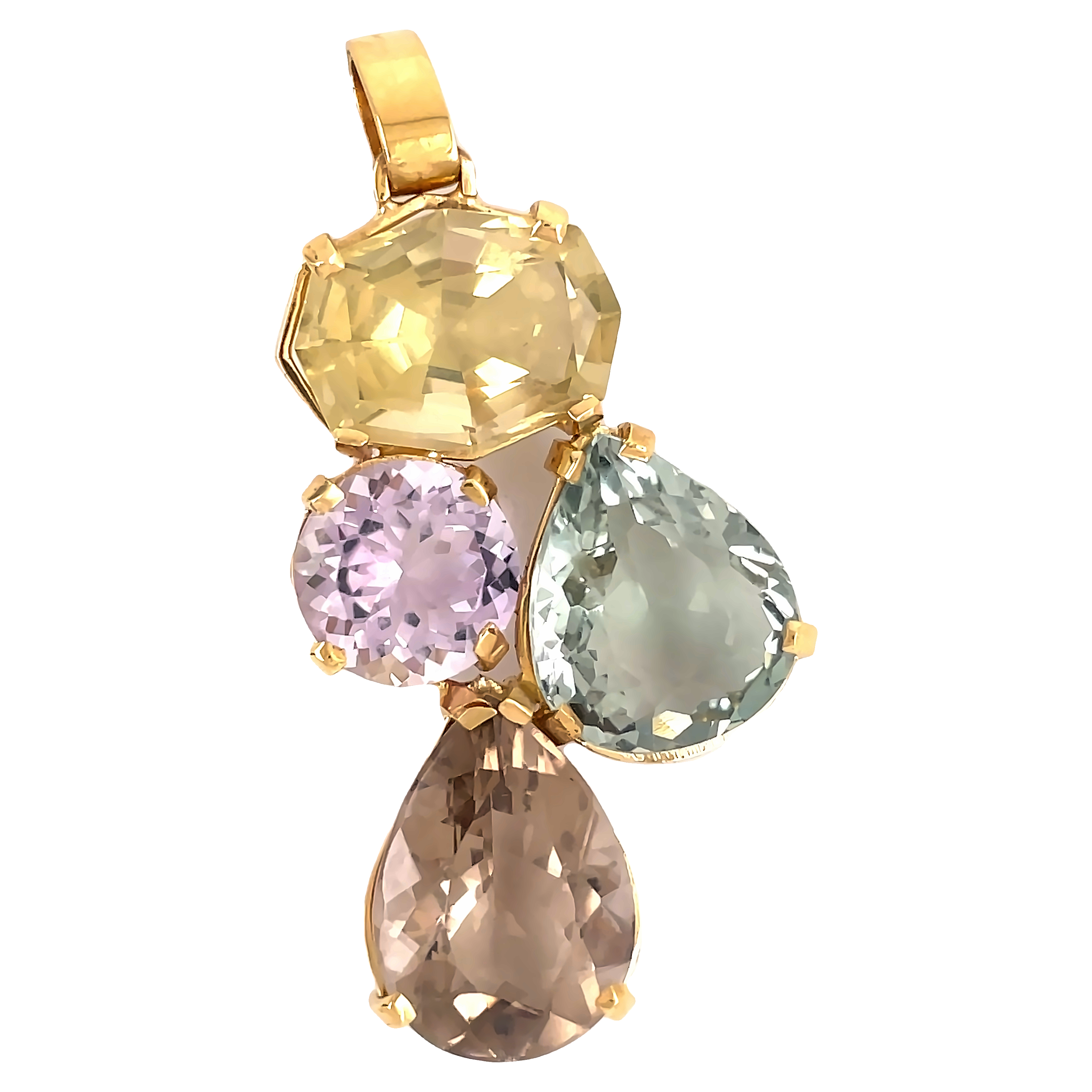 This stunning 14k yellow gold pendant features an eye-catching combination of Citrine, Amethyst, Brown Topaz, and Prazolite gems. Show off unique style and enduring elegance with this timeless design.
