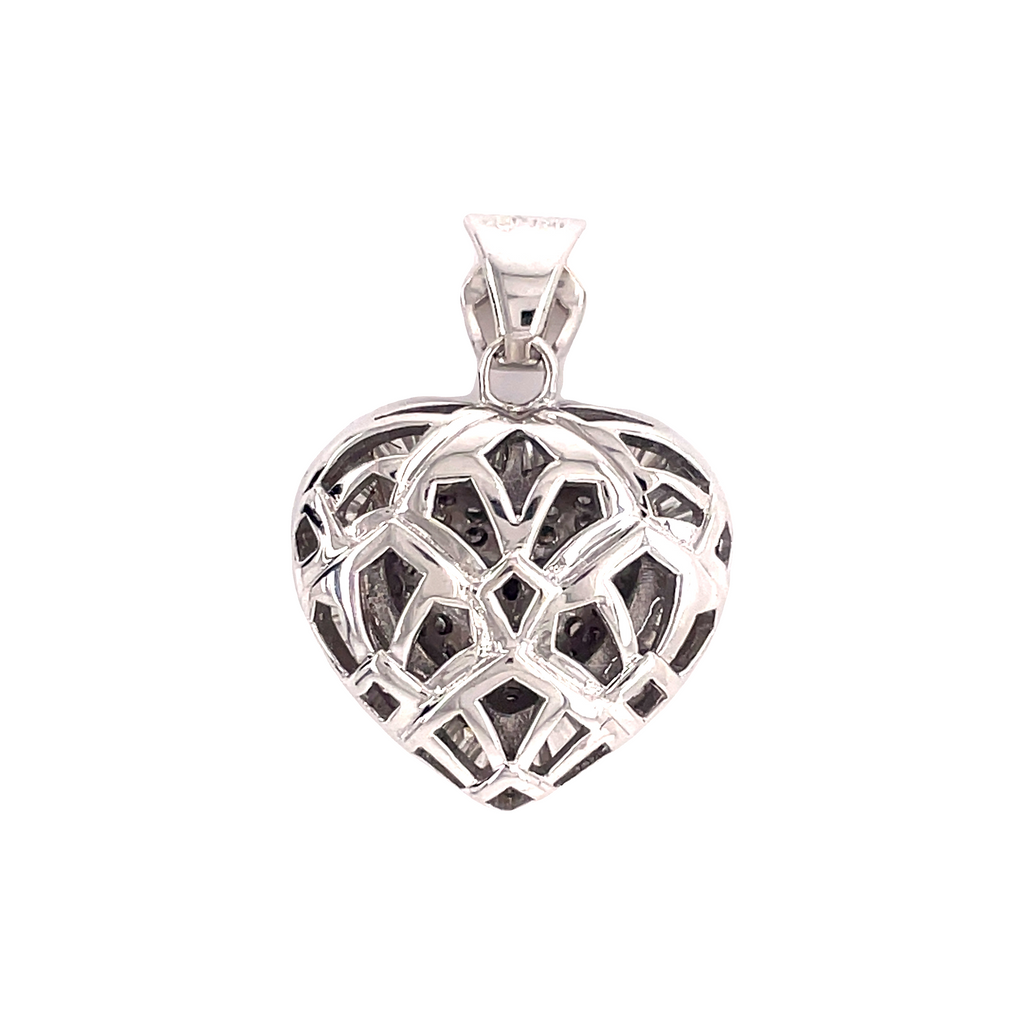 Luxurious 18k white gold pendant radiates with round & baguette diamonds totaling 3.00 cts! Substantial bail ensures a secure fit, while its 1" gallery finish adds the perfect touch. Great condition.