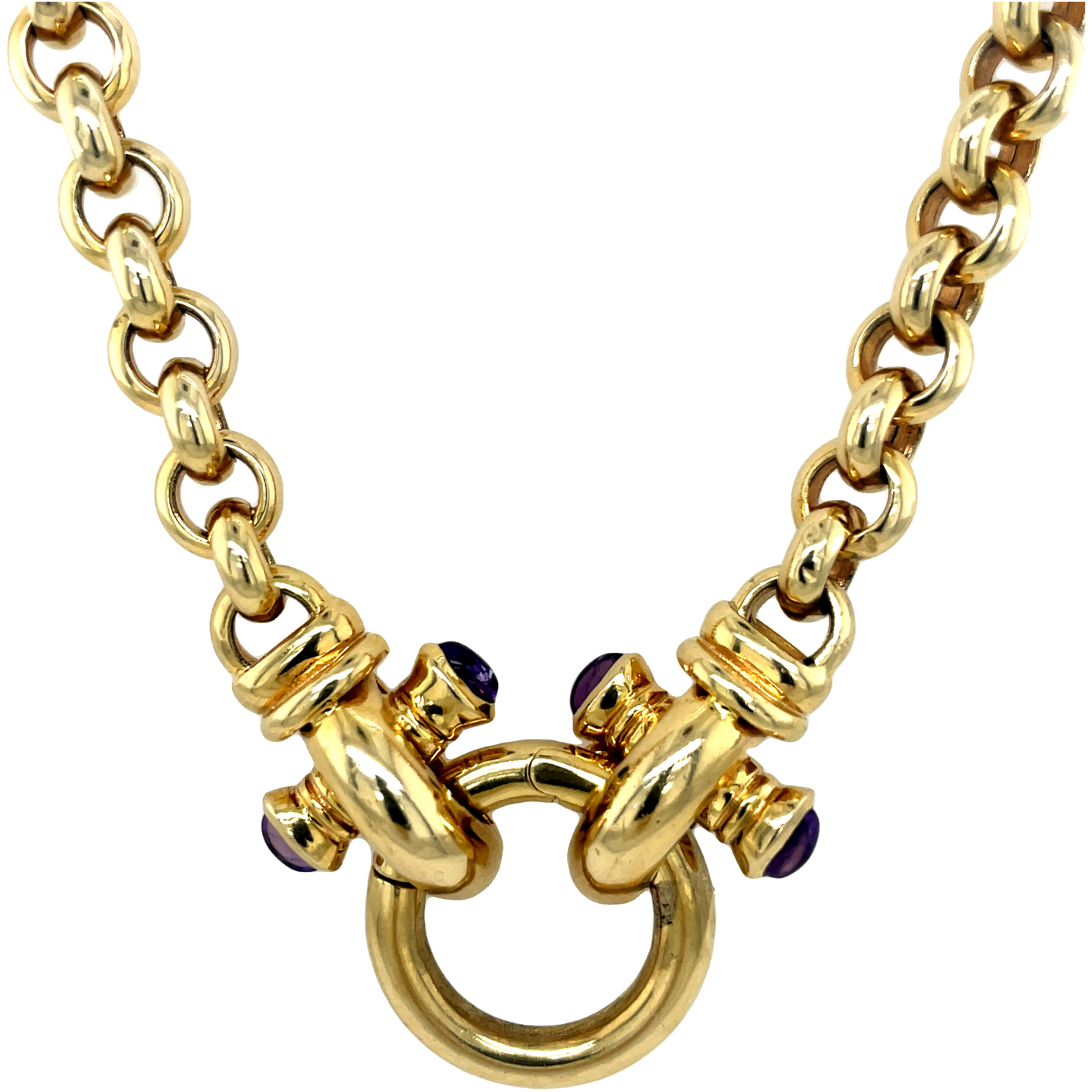 Show off your confidence with this luxurious 14K gold necklace accented with two breathtaking amethyst cabochons—a timeless statement of timeless luxury.