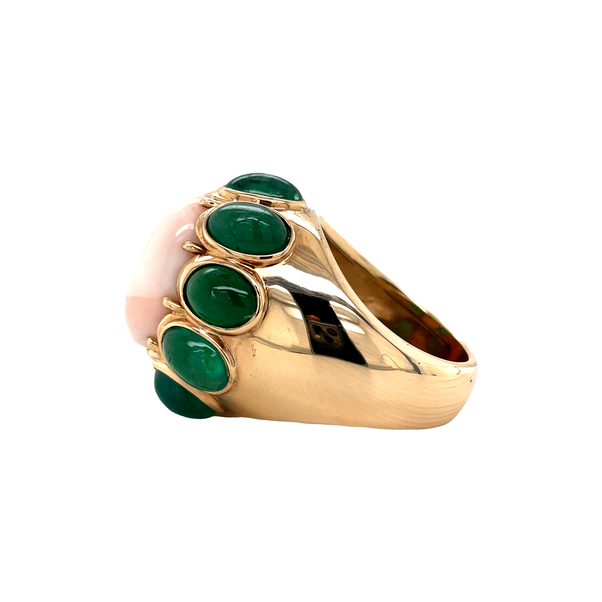 Angel Skin Coral & Emerald Cabochon Yellow Gold Ring Side view 