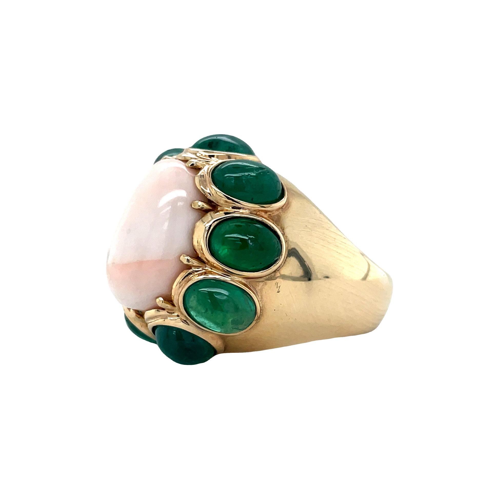 Angel Skin Coral & Emerald Cabochon Yellow Gold Ring Side view 