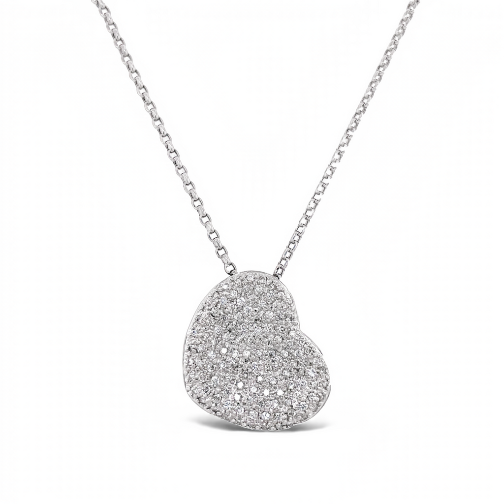 10k white gold  Round pave diamonds   Secure catch  18" long  Gallery finish  Great condition   Large heart pendant 25.00 mm