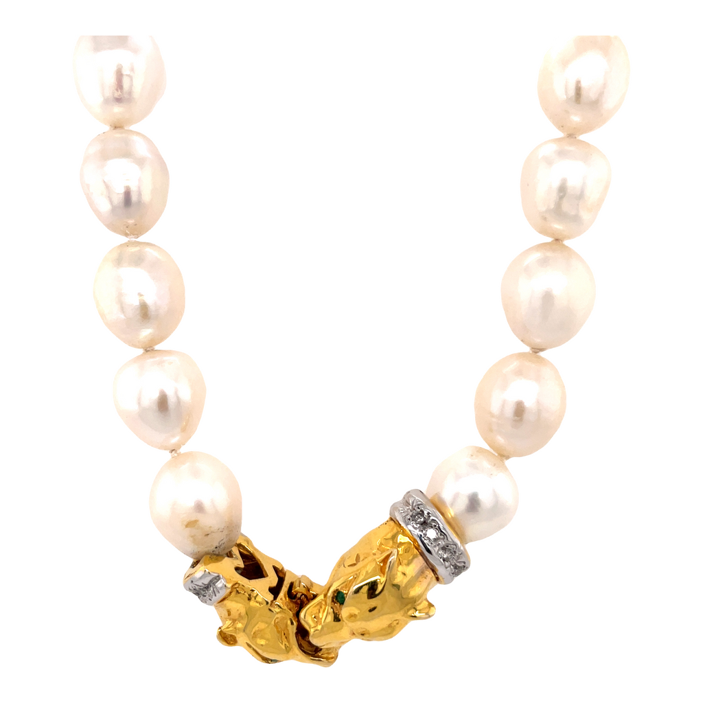 14k yellow gold  18" long  Fresh water pearls 11.00 mm   Statement gold enhancer clasp Lion head  Round diamonds 