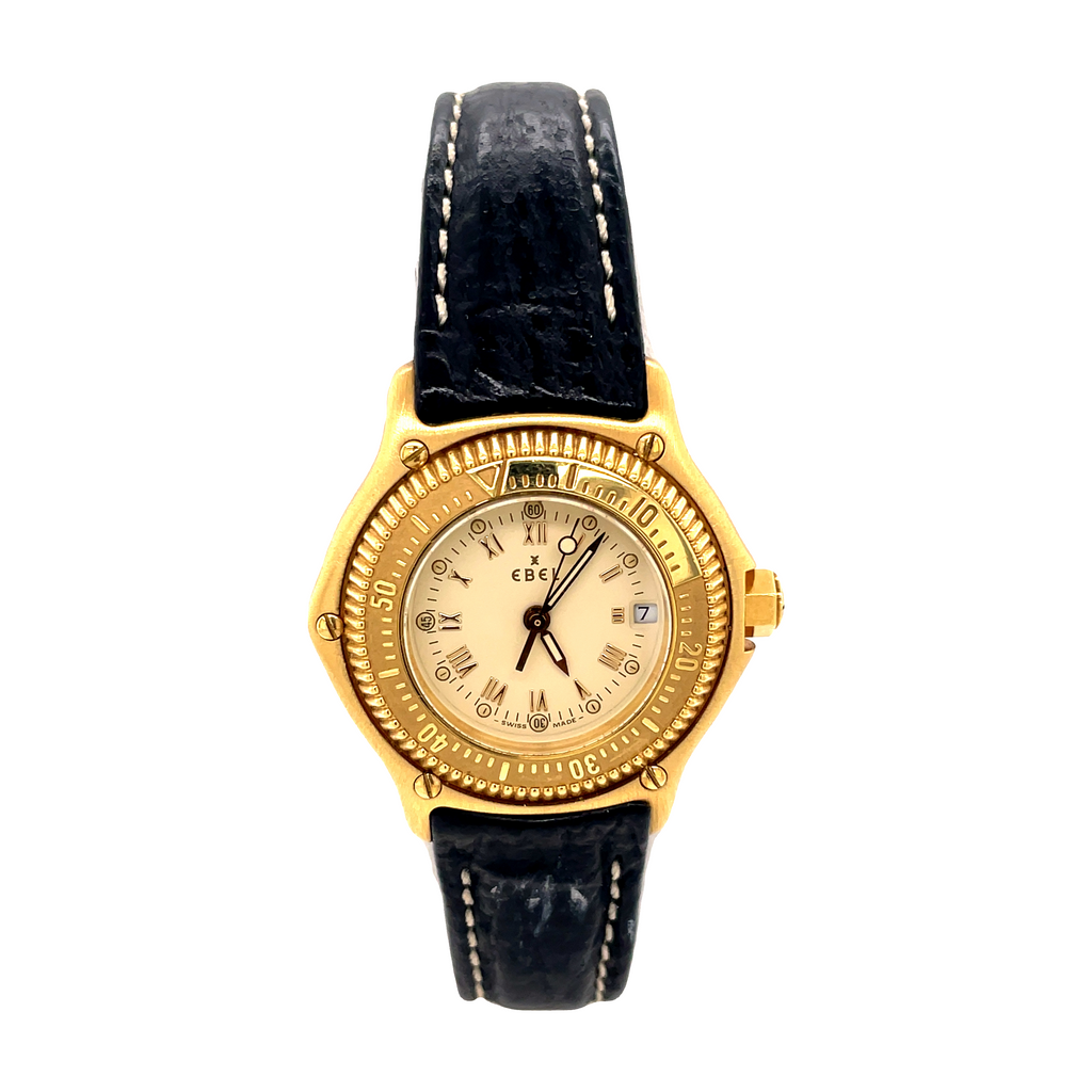 18k yellow gold   Ebel Discovery Diver  Beige dial color  Quartz movement   Date at 3 o'clock  Deployment buckle  Roman numbers  Black leather band 