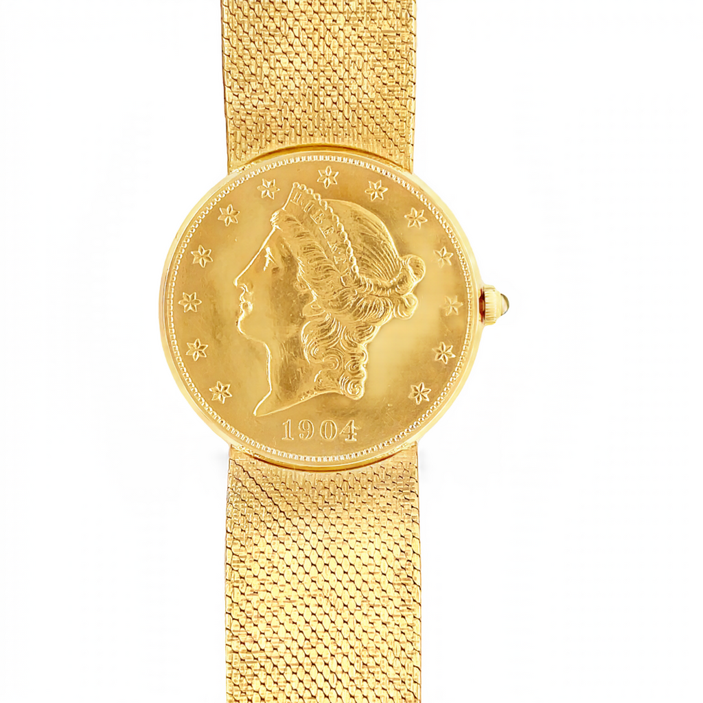22k yellow gold dollar coin  Corun watch  Twenty-dollar coin  Original case and dial  Manual wind  1908