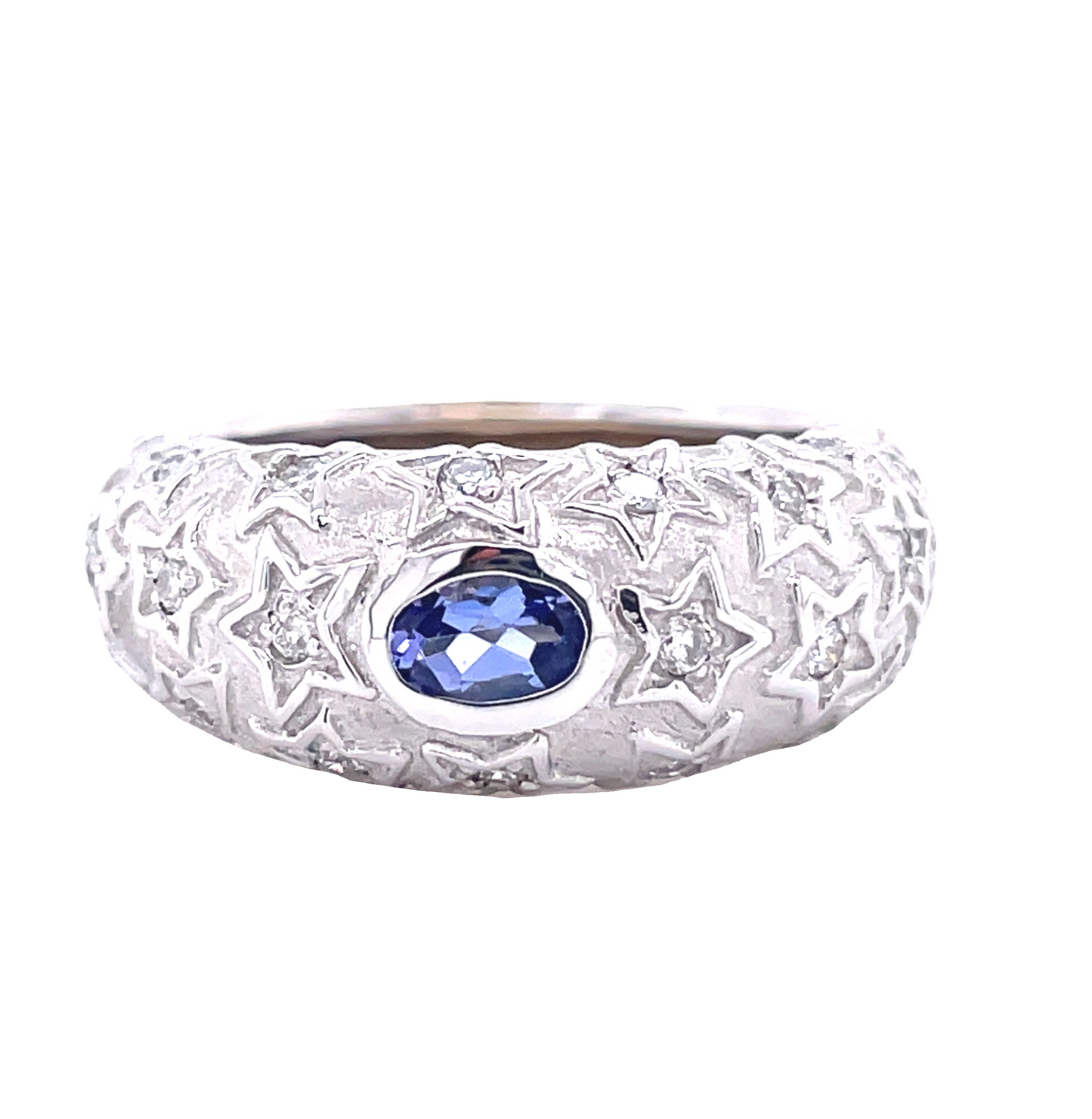 Front view of Estate Jewelry Tanzanite & Diamond Star Engraved Ring