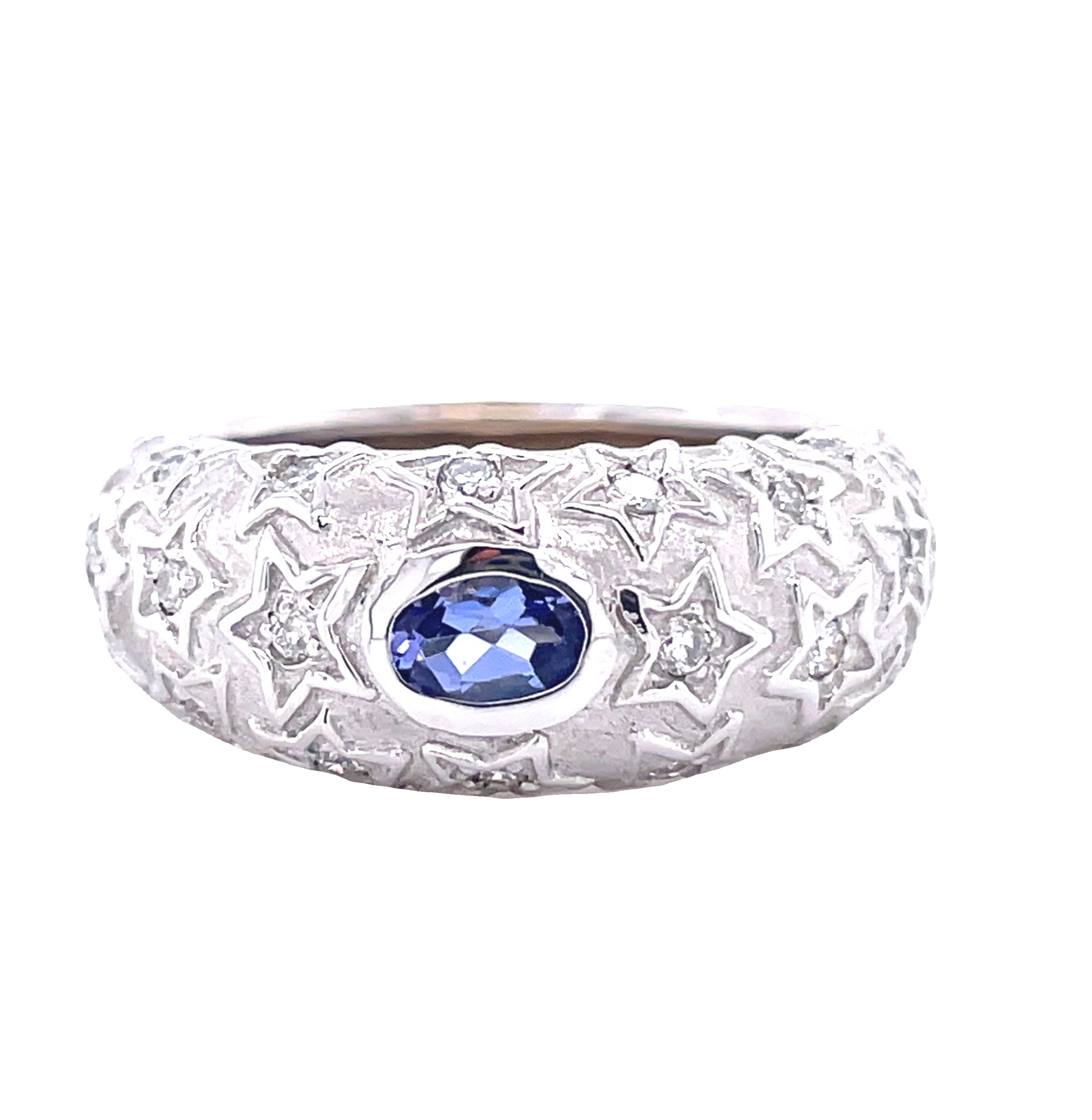 Front view of Estate Jewelry Tanzanite & Diamond Star Engraved Ring