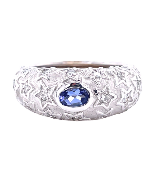 Front view of Estate Jewelry Tanzanite & Diamond Star Engraved Ring