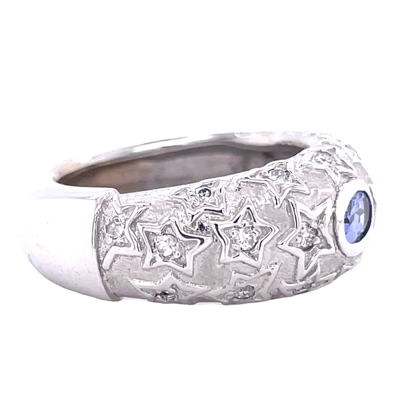 Side view of Estate Jewelry Tanzanite & Diamond Star Engraved Ring