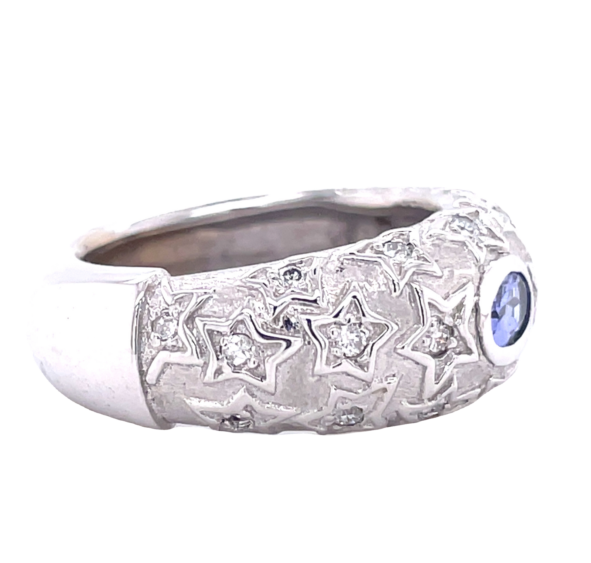 Side view of Estate Jewelry Tanzanite & Diamond Star Engraved Ring