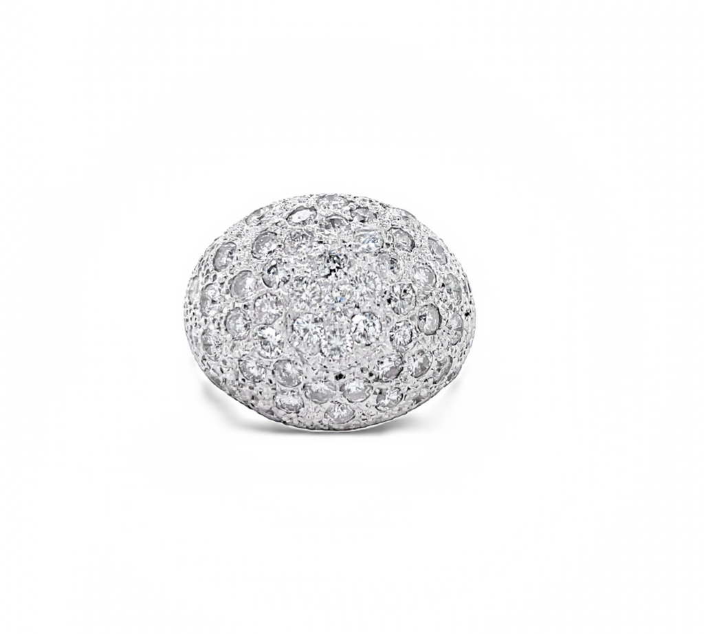 Luxuriate in 18.00 mm of 14k white gold in a classic gallery finish, with round diamonds adorning the thick shank! This pave dome ring is sure to dazzle!