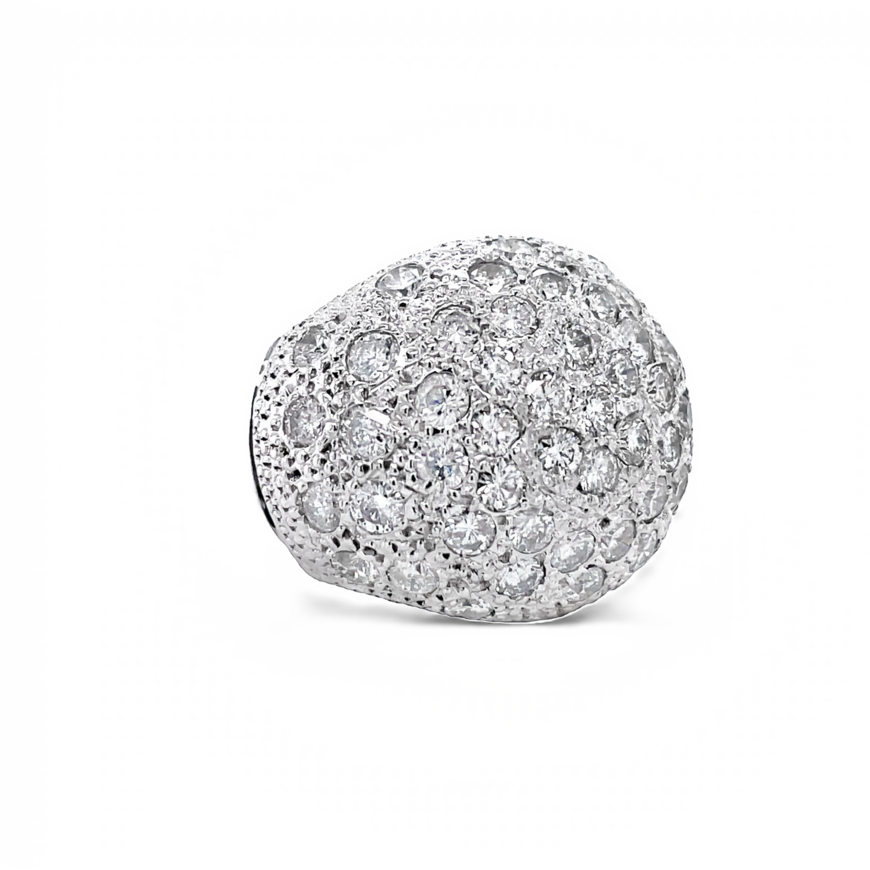 Luxuriate in 18.00 mm of 14k white gold in a classic gallery finish, with round diamonds adorning the thick shank! This pave dome ring is sure to dazzle!