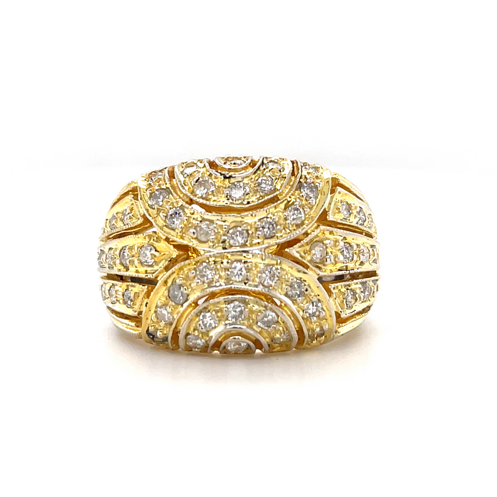 18k white & yellow gold.  Italian made.  10.00 mm wide.  Size 6.5  Lines & curb design  Round diamonds 0.41 cts   Brushed finished.