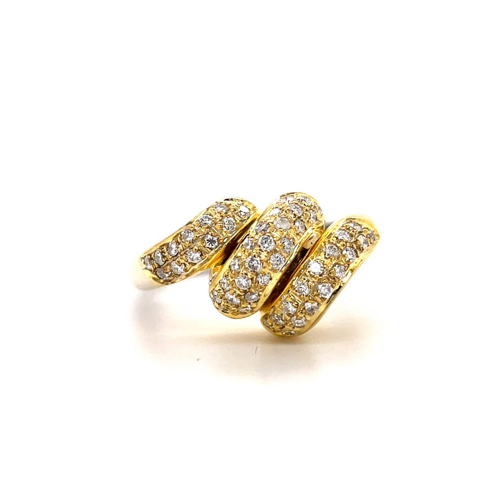 This contemporary-inspired design features a triple coil form made of 18k yellow and white gold with a matte finish. Each coil holds eleven round diamonds with a total carat weight of 0.41cts. Ring is size 7.5 and resizable. 11mm wide.