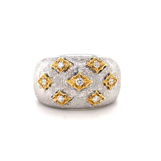 Modern Brushed & Engraved 18k White Gold Italian Wide Ring Front view 