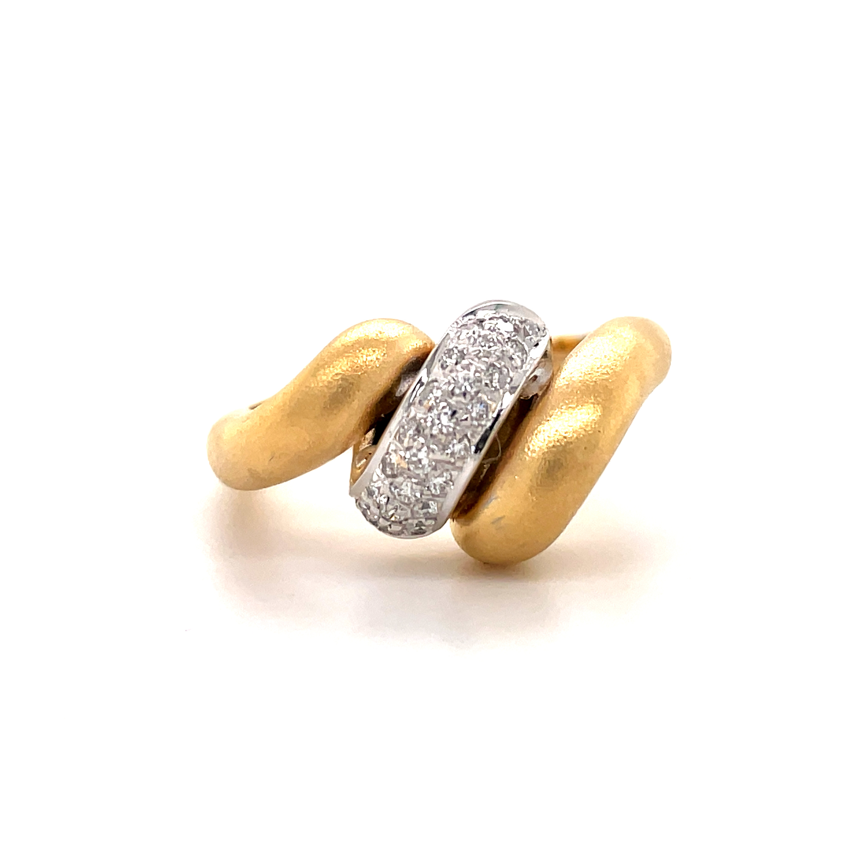 A unique combination of timeless beauty and modern style, this Italian 18k gold Triple Coil Diamond Ring is sure to stand out. Crafted with 4.15 mm width and 0.20 cts of round diamonds, this piece is sure to dazzle. With a matte finish and 11.50 mm width, it's an eye-catching accessory perfect for any occasion. Size 7.5 (can be resized).