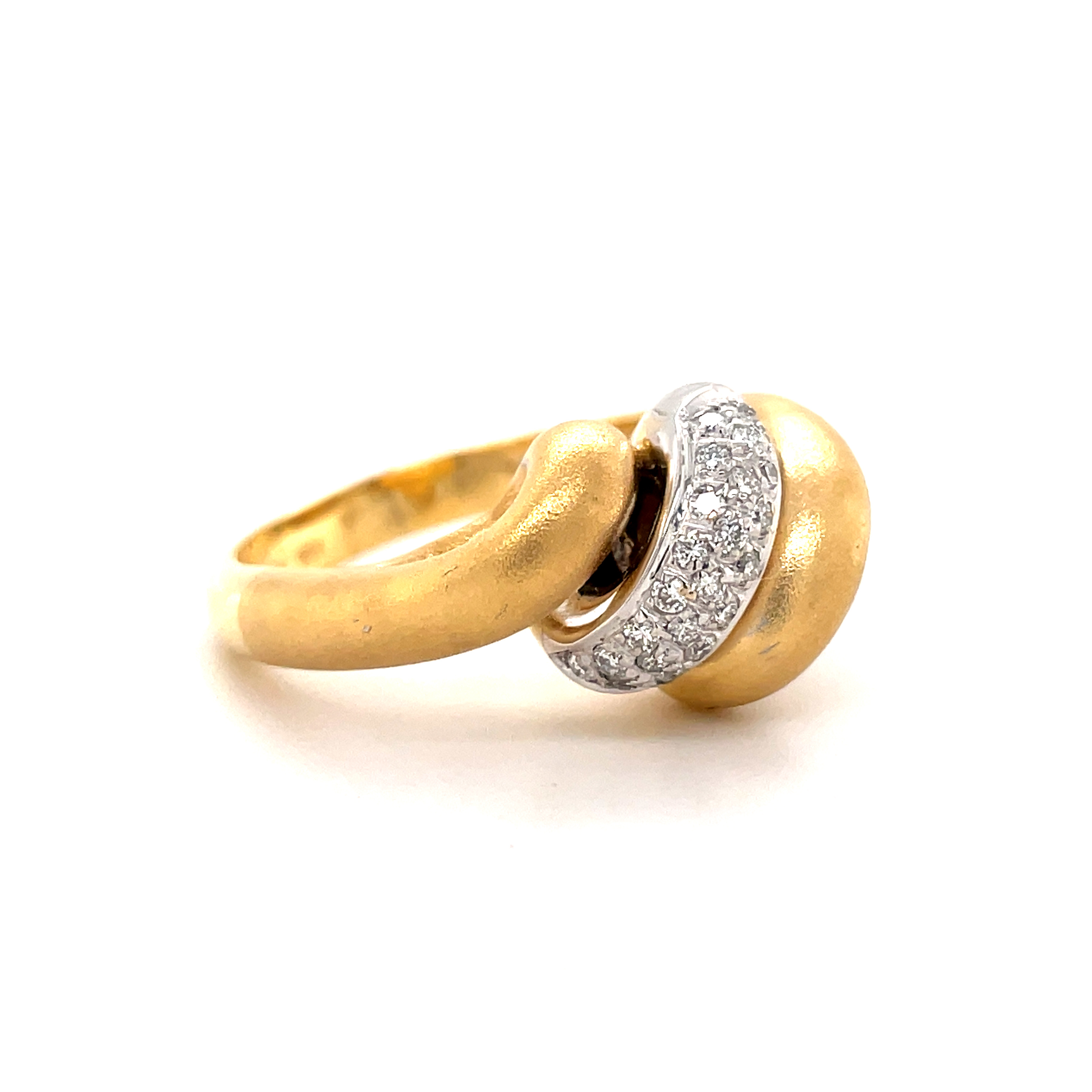 A unique combination of timeless beauty and modern style, this Italian 18k gold Triple Coil Diamond Ring is sure to stand out. Crafted with 4.15 mm width and 0.20 cts of round diamonds, this piece is sure to dazzle. With a matte finish and 11.50 mm width, it's an eye-catching accessory perfect for any occasion. Size 7.5 (can be resized).