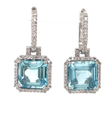Aquamarine square emerald cut earrings 8.50 cts  Diamonds 0.39 cts  Set in 18k white Italian gold mounting  Square drop 12.70 x 12.70 mm  Hoop length 12.70 mm  Secure hinge system.  Asscher cut stones.