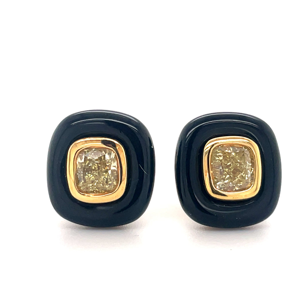 18k yellow gold.  Secure friction backs   Fancy yellow diamonds 1.15 cts  Cabochon onyx  Stud earrings