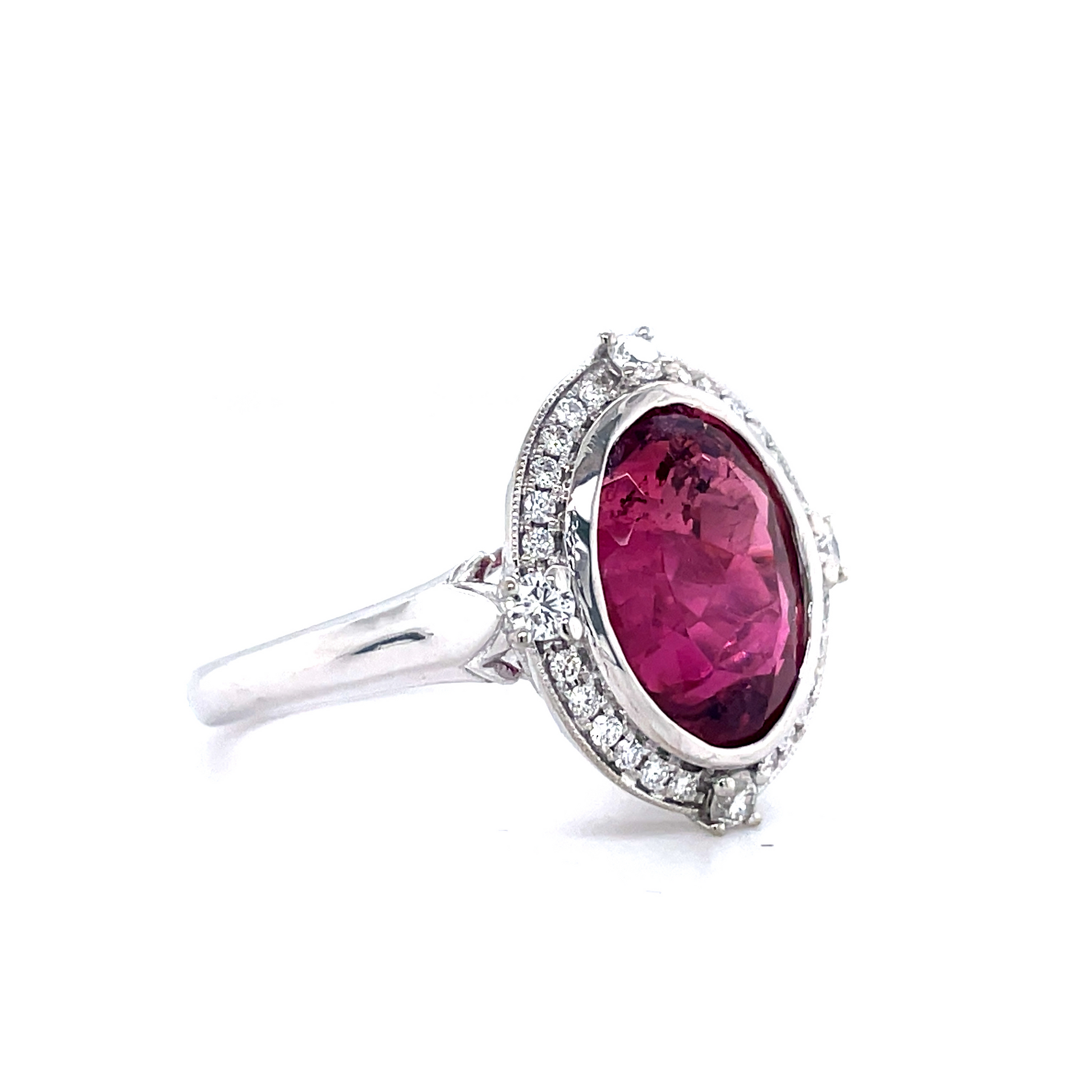 Side view of 14k White Gold Pink Tourmaline & Diamond Bezel Set Ring