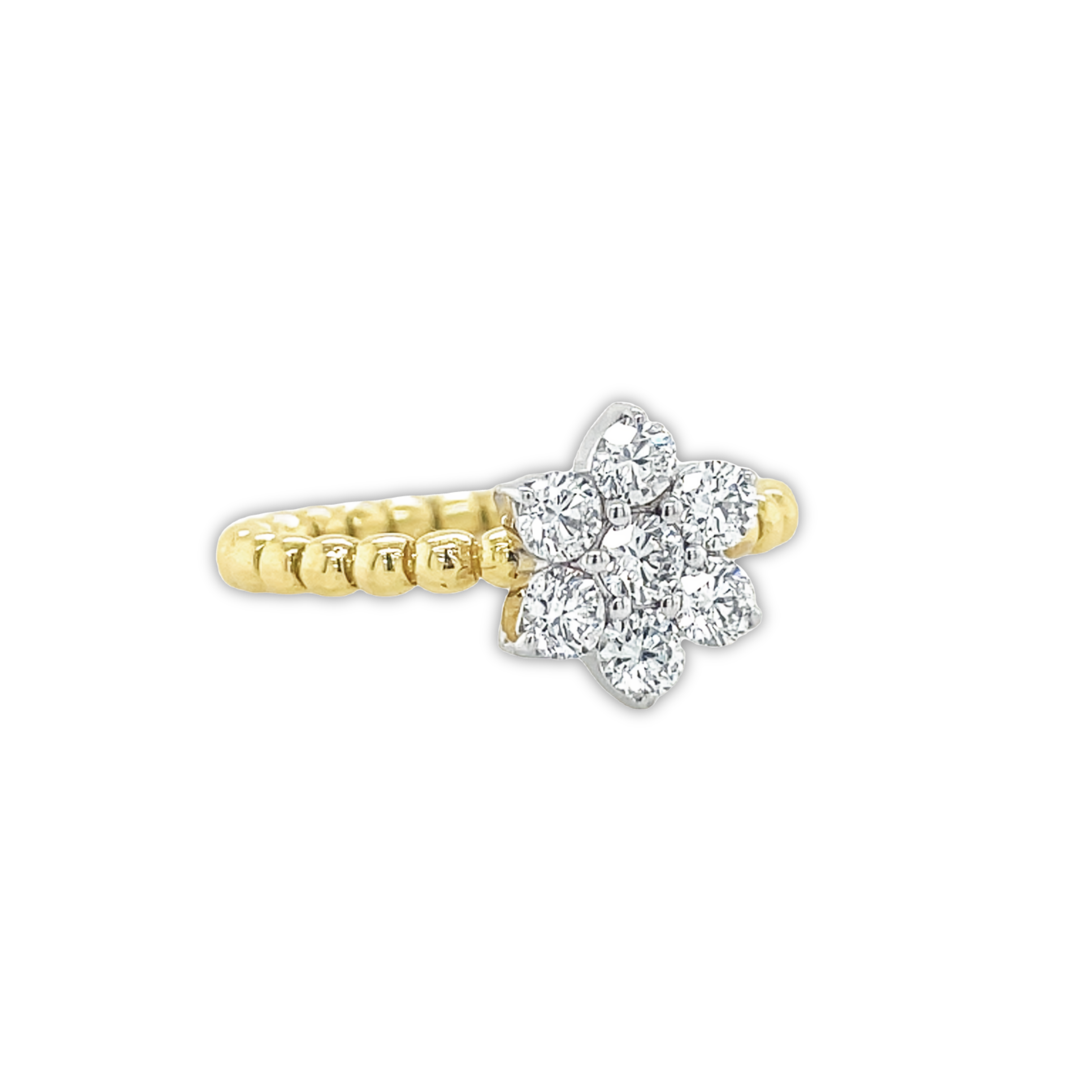A breathtaking ring crafted with the 18K yellow and white gold and diamonds (0.71 cts). Adorned with an intricate flower motif, this ring is the perfect piece to add a dazzling, timeless touch to any outfit. Size 6.5, 10.50 mm.