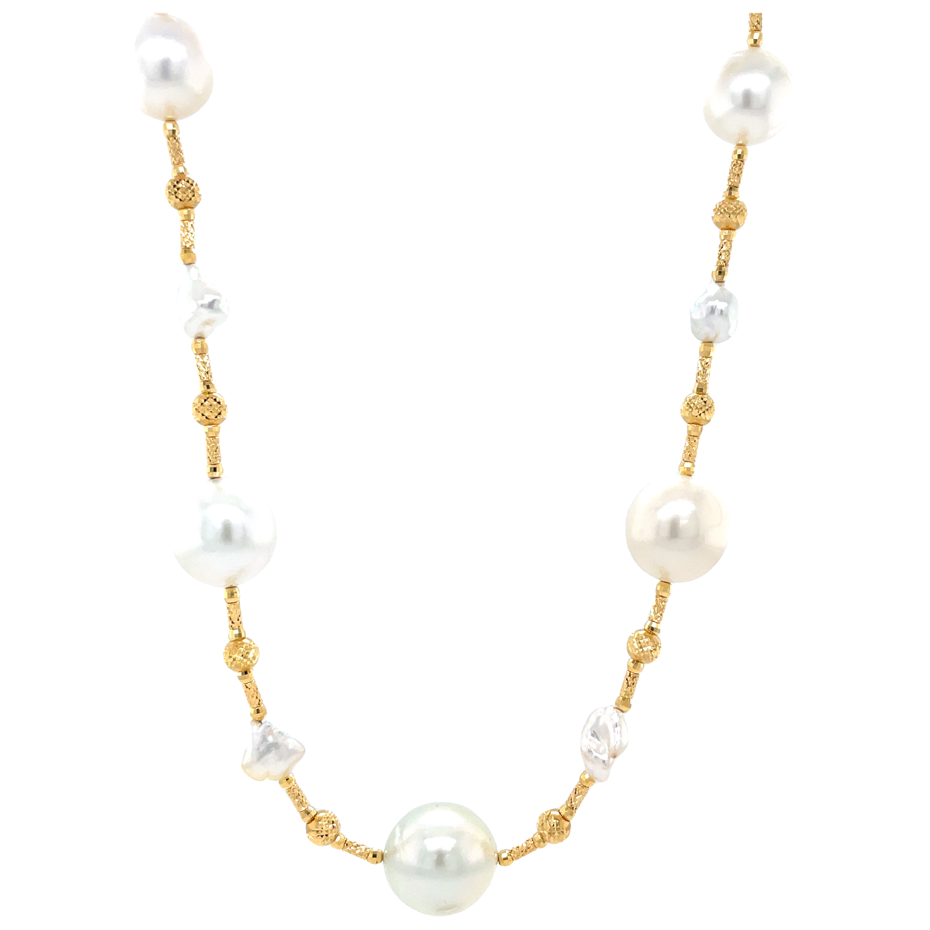 5 South seas pearls  18k yellow gold coil  12.50 mm   6 Kashi pearls 8.00 mm    18" long  adjustable clasp