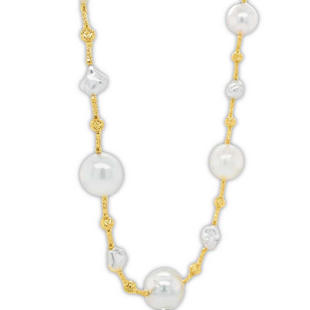 5 South seas pearls  18k yellow gold coil  12.50 mm   6 Kashi pearls 8.00 mm    18" long  adjustable clasp