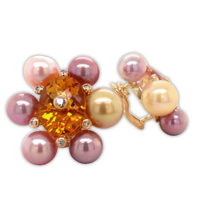South seas pearls size from 12.00 - 9.50 mm  Good luster  Oval citrine with diamond in the center  Set in 18k Yellow Gold.  Secure omega backs  12 round diamonds 0.45 cts