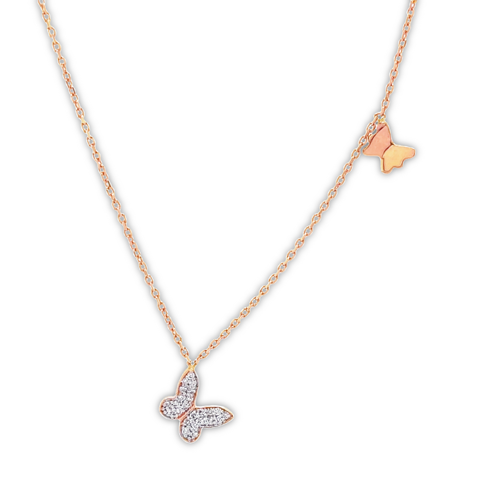 14k rose gold necklace.  Butterfly pendant 10.00 mm   Small butterfly pendant 4.00 mm  Secure lobster clasp  Round diamonds 0.02 cts  High quality diamonds   17" yellow gold chain.