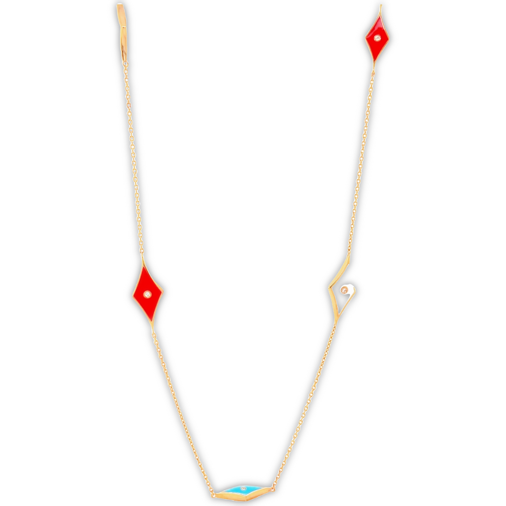 18k rose gold  22" long   Secure lobster catch  Round diamonds 0.13 cts  10 rhombus enamel shapes (white, turquoise & coral colors)  Necklace can be double up