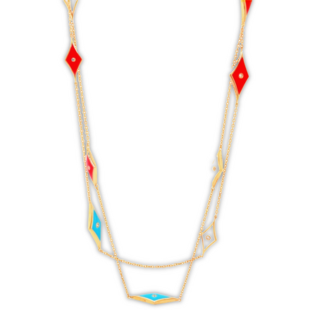 18k rose gold  22" long   Secure lobster catch  Round diamonds 0.13 cts  10 rhombus enamel shapes (white, turquoise & coral colors)  Necklace can be double up
