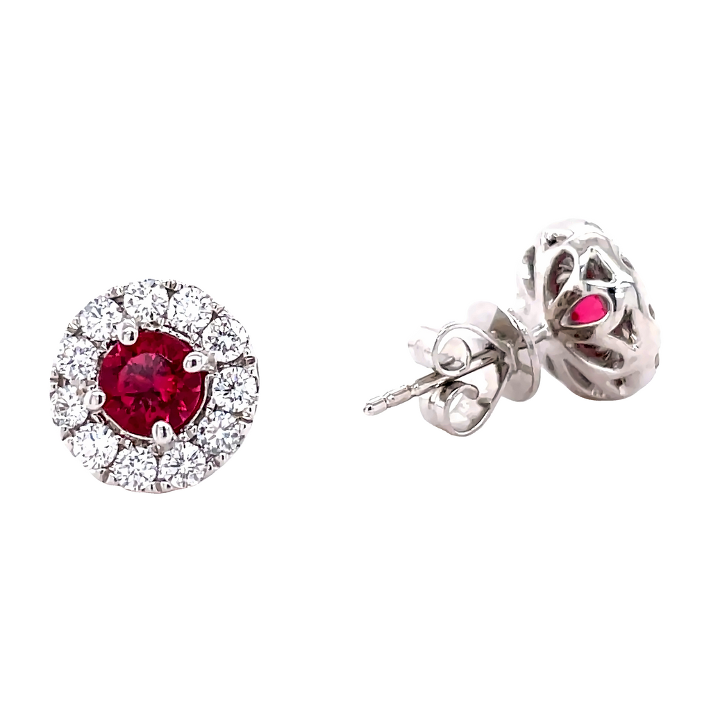 Pink tourmaline earrings   Round diamonds   Set in 18k white gold mounting  Secure heart friction backs  9.00 mm 