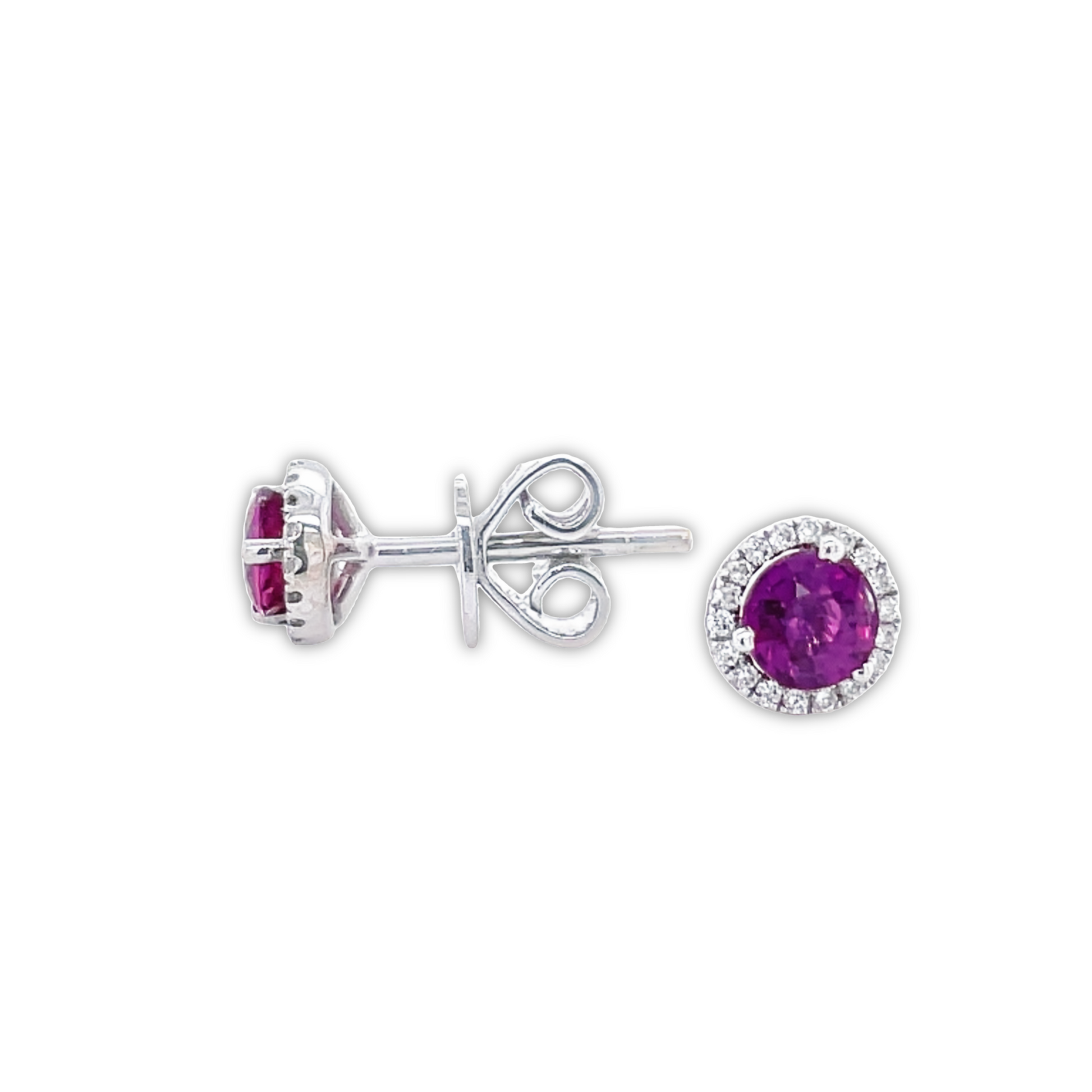 Front and side view of 14k White Gold Small Tourmaline & Diamond Stud Earrings