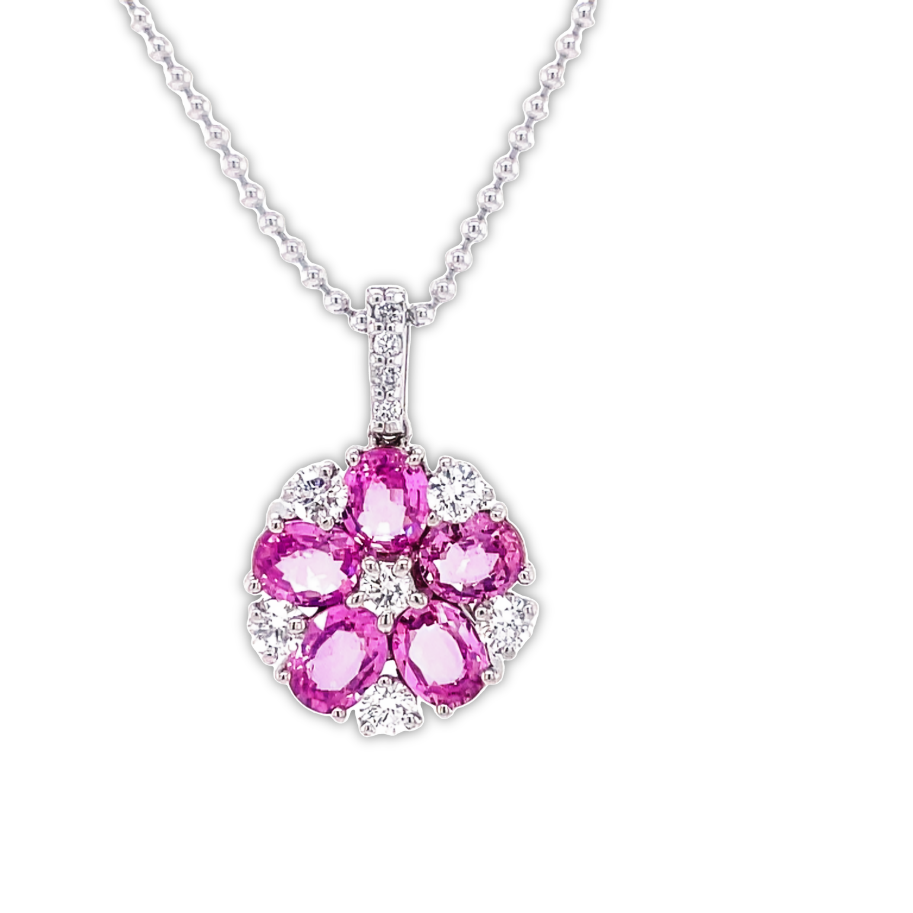 18kt white gold  Flower style 20.00 mm (including bail)  Round diamonds 0.48 cts   Pink sapphires 2.51 cts  16" long chain 1.3 mm thickness   Secure lobster catch