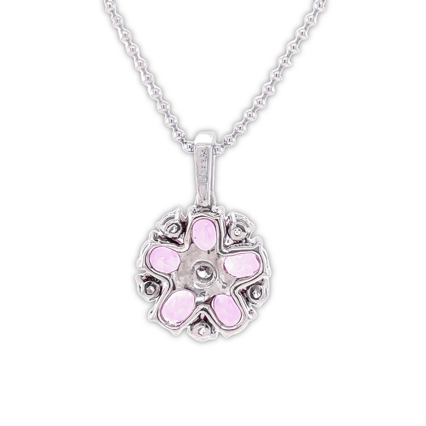 Back view of 18k White Gold Pink Sapphire & Diamond Flower Motif Pendant Necklace