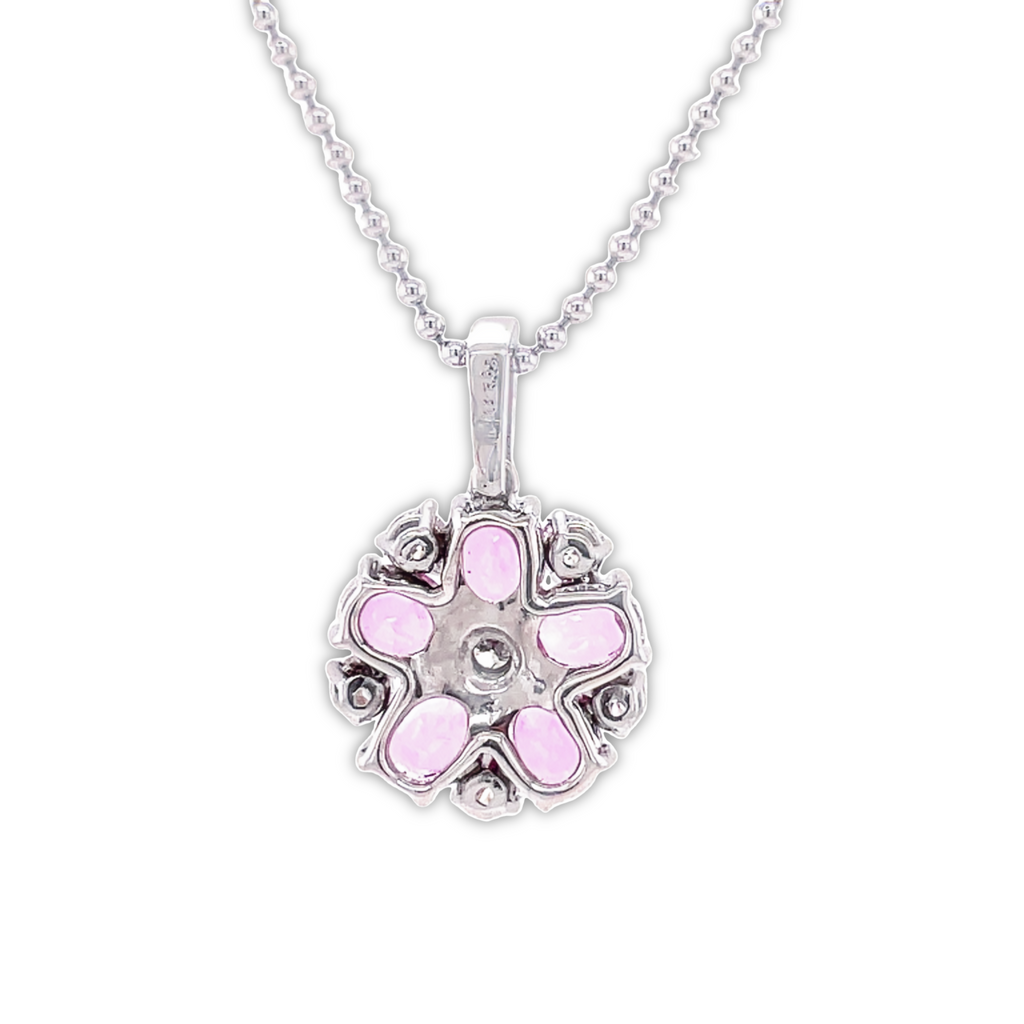 18kt white gold  Flower style 20.00 mm (including bail)  Round diamonds 0.48 cts   Pink sapphires 2.51 cts  16" long chain 1.3 mm thickness   Secure lobster catch
