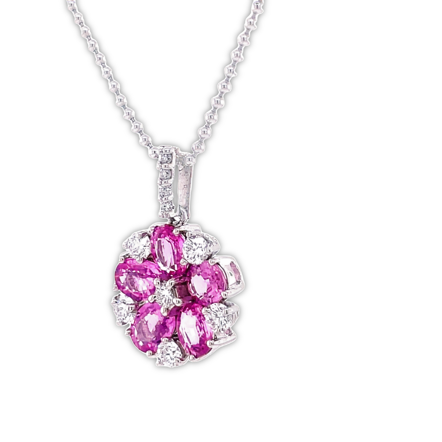 Side view of 18k White Gold Pink Sapphire & Diamond Flower Motif Pendant Necklace