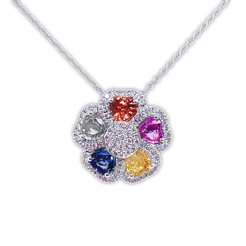 14kt white gold  Flower style 19.00 mm  Round diamond   Orange, pink, green, yellow & blue sapphire   18" long chain 1.3 mm thickness (optional $385)   Secure lobster catch