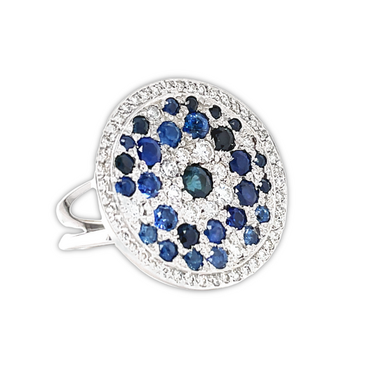 Front view of 18k White Gold Multi Shade Blue Sapphire & Diamond Disk Ring