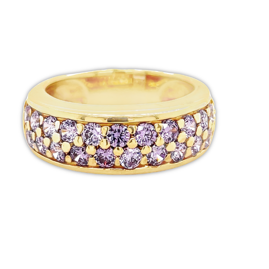 Set in 14k yellow gold.        Size 7.5.  Round amethyst 4.10 cts  Pink amethyst  7.00 mm wide