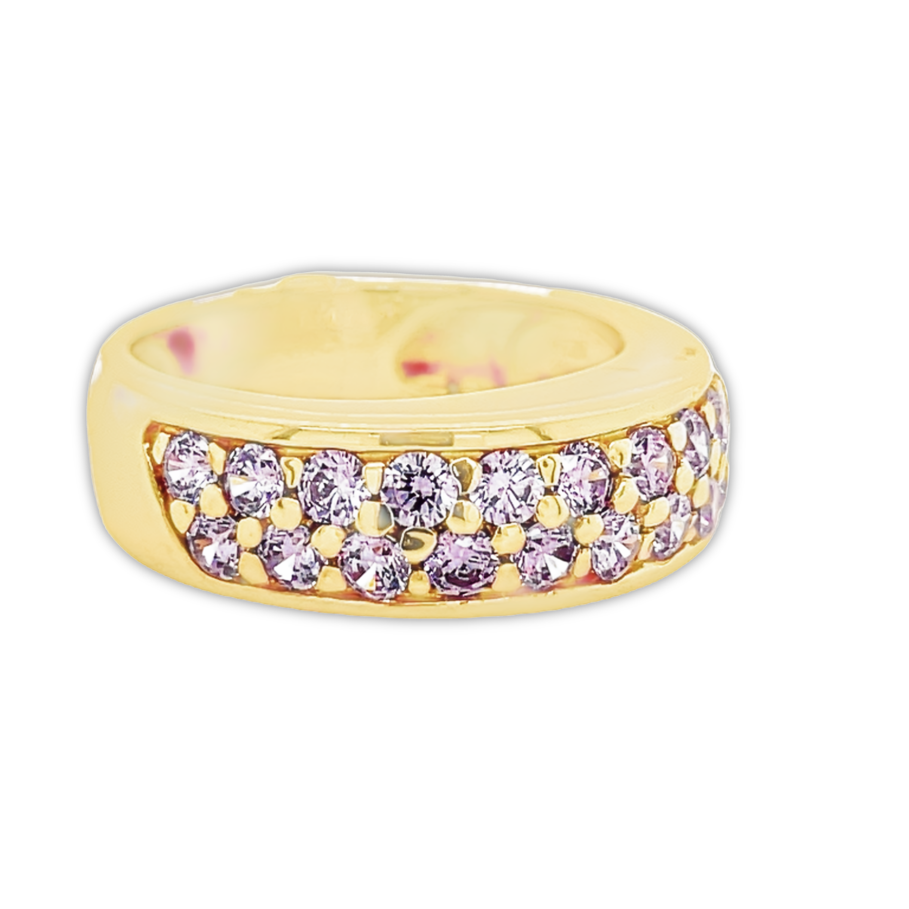 Set in 14k yellow gold.        Size 7.5.  Round amethyst 4.10 cts  Pink amethyst  7.00 mm wide