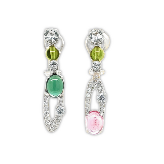 Front view of 18k White Gold Tourmaline, Diamond & White Sapphire Drop Earrings
