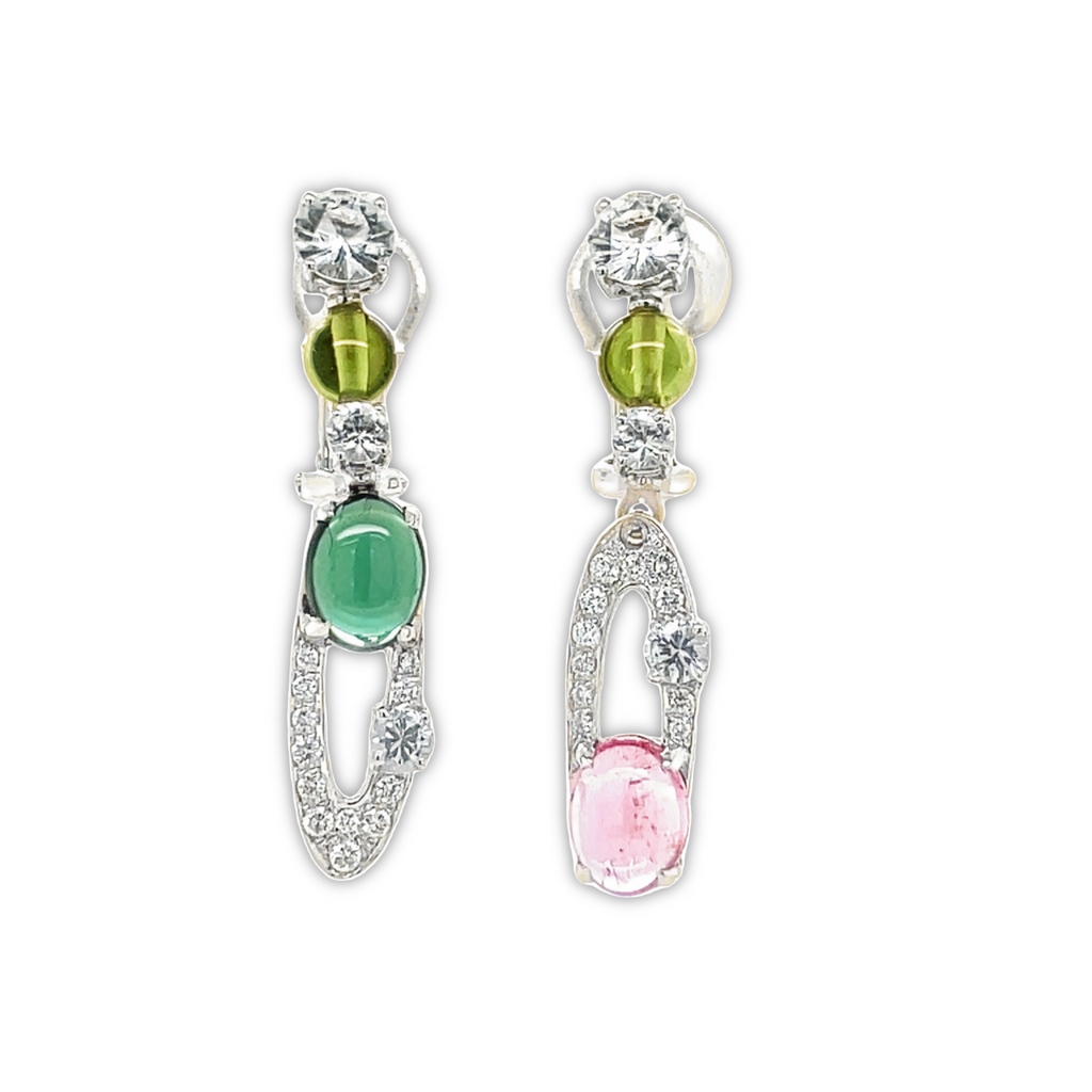 18k white gold  Green & pink cabochon tourmalines  Round white sapphires   Round diamonds 0.25 cts  1.5" long  Omega system