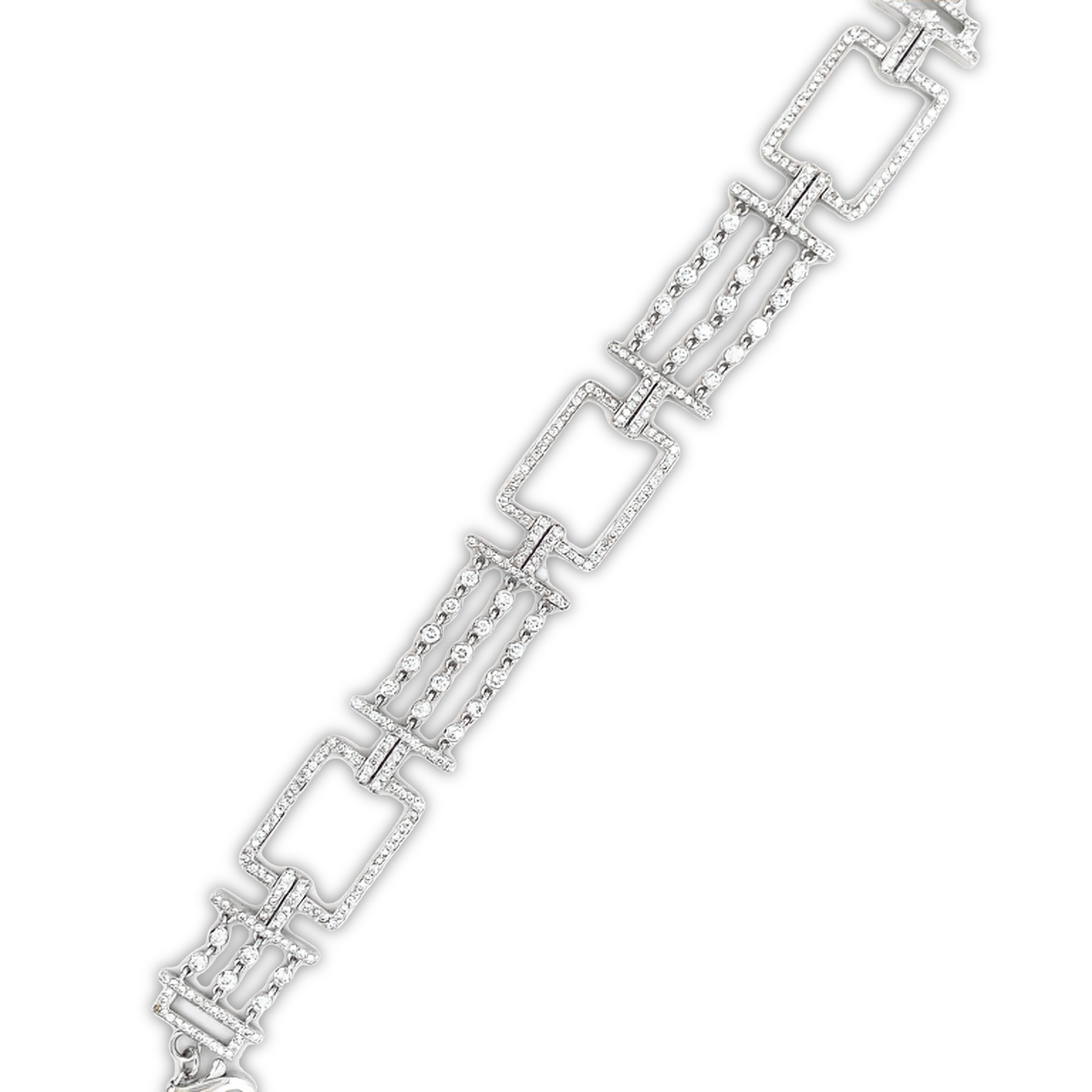This 18K white gold bracelet features premium diamonds 2.32 cts in E/F quality, with a 0.5" width. It is 8" in length and includes a 1.5" sizing loop, secured with a lobster catch. An exquisite piece worthy of admiration.