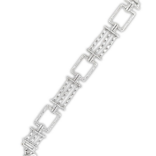 18k White Gold Square Link Diamond Wide Bracelet Top view Close Up