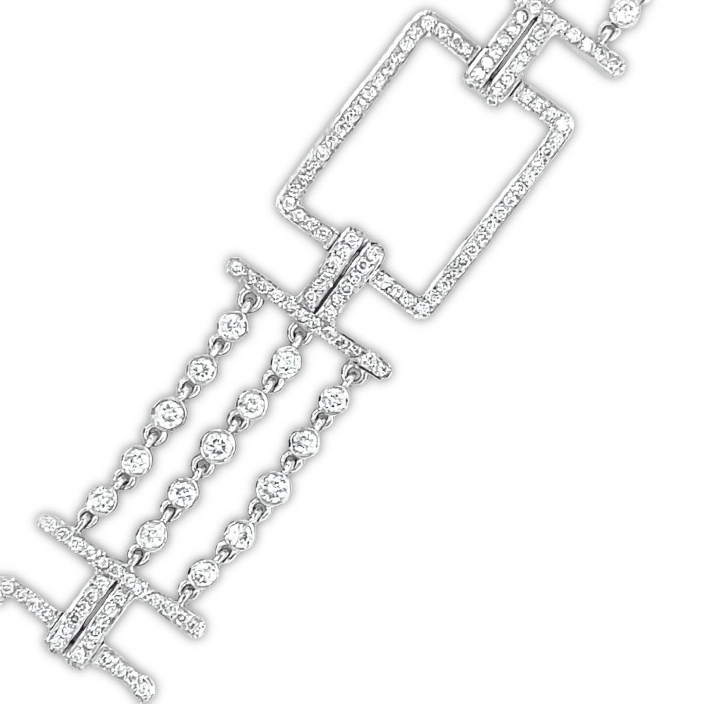 18k White Gold Square Link Diamond Wide Bracelet Top view Close Up
